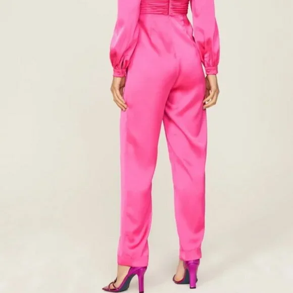 Mac Duggal Pink Plunge Neck Long Sleeve Satin Jumpsuit